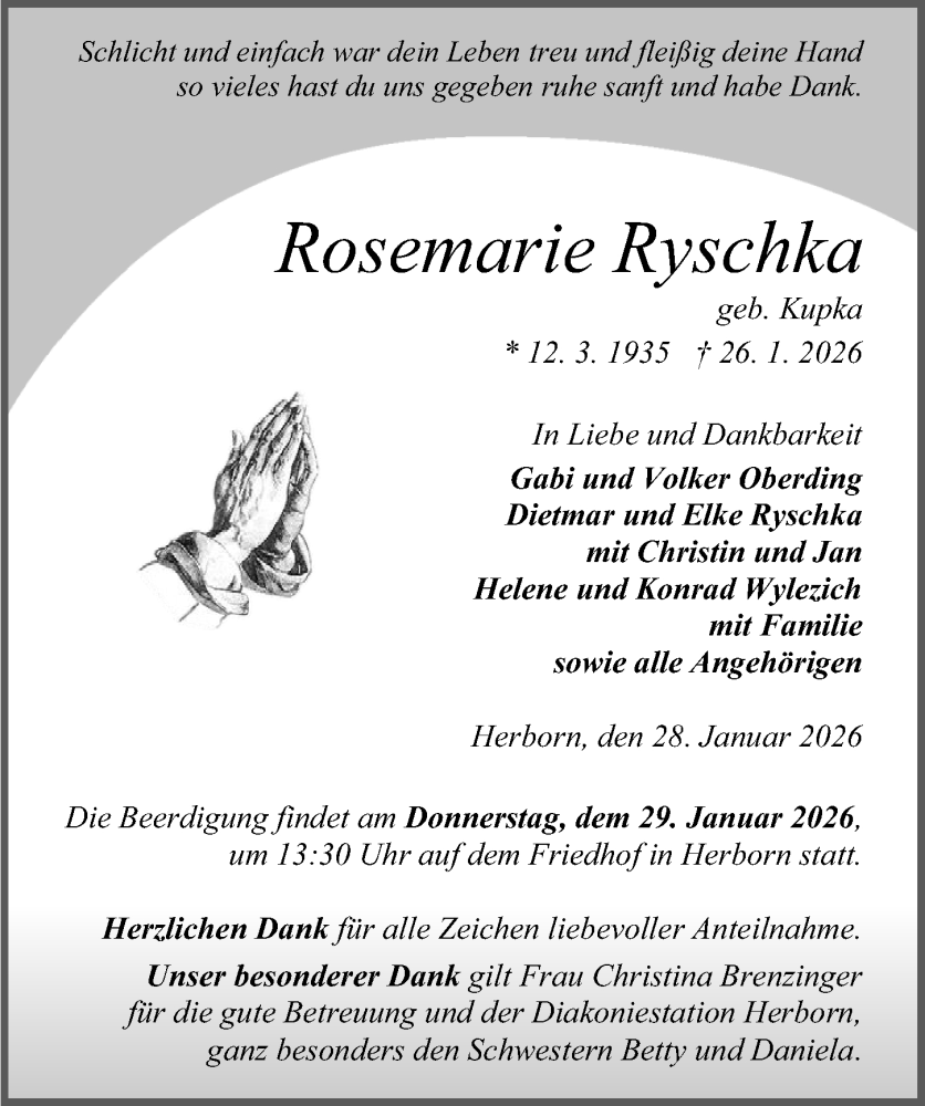  Traueranzeige für Rosemarie Ryschka vom 28.01.2026 aus Dill Block
