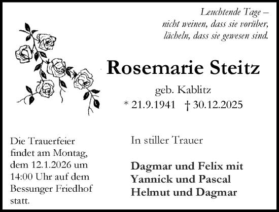 Traueranzeige von Rosemarie Steitz von Darmstädter Echo