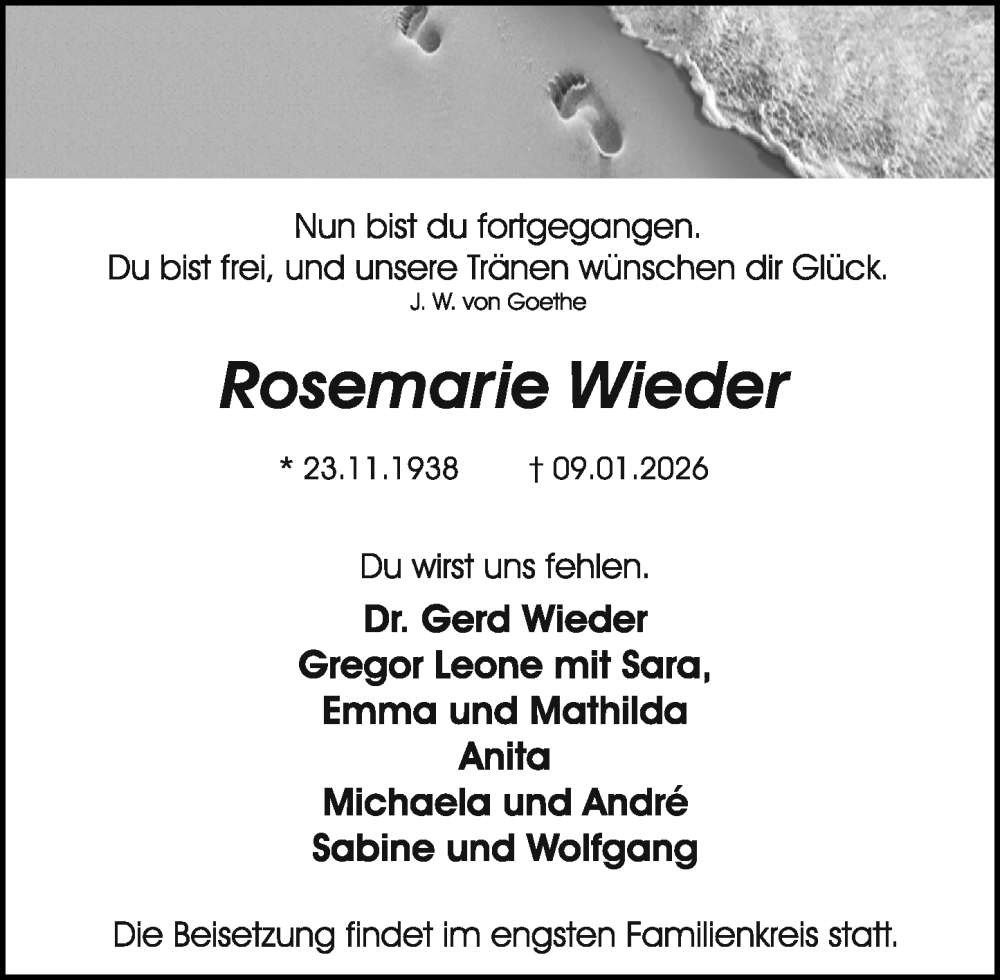  Traueranzeige für Rosemarie Wieder vom 17.01.2026 aus Odenwälder Echo