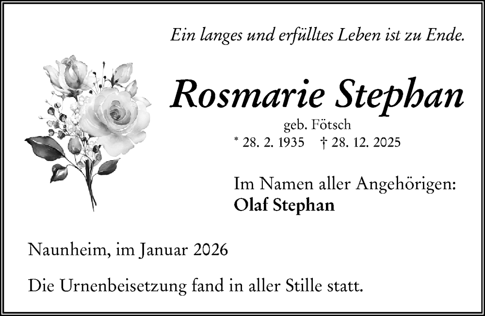  Traueranzeige für Rosmarie Stephan vom 21.01.2026 aus Wetzlarer Neue Zeitung