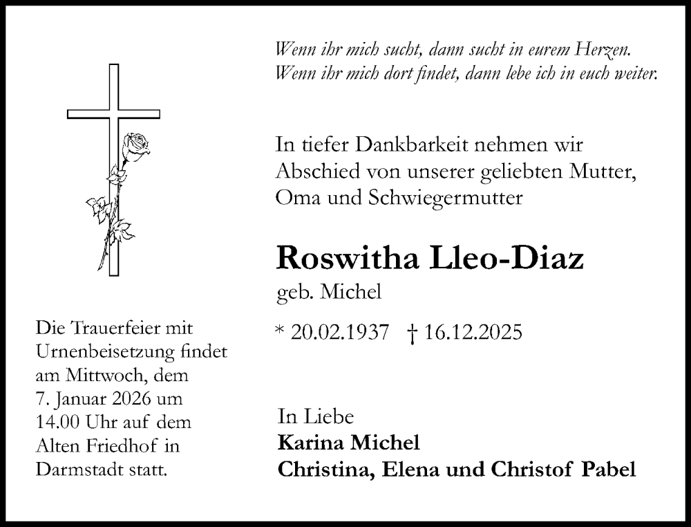  Traueranzeige für Roswitha Lleo-Diaz vom 03.01.2026 aus Darmstädter Echo