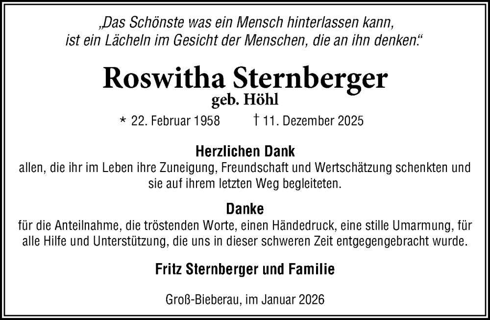  Traueranzeige für Roswitha Sternberger vom 24.01.2026 aus Darmstädter Echo