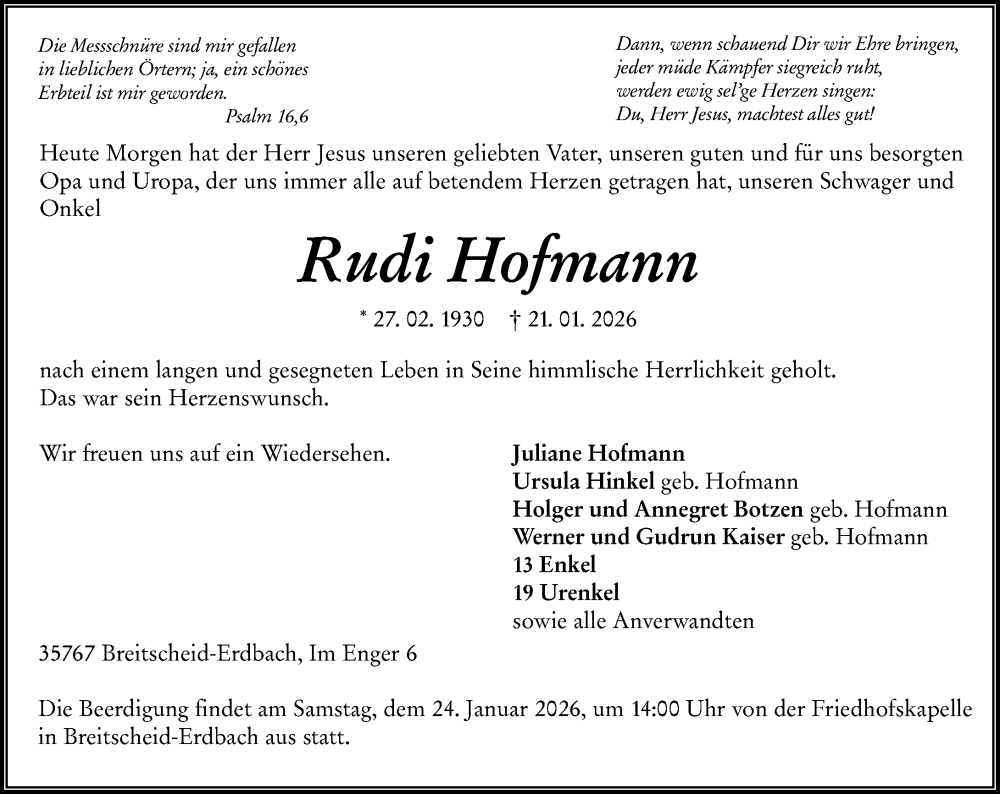  Traueranzeige für Rudi Hofmann vom 23.01.2026 aus Dill Block