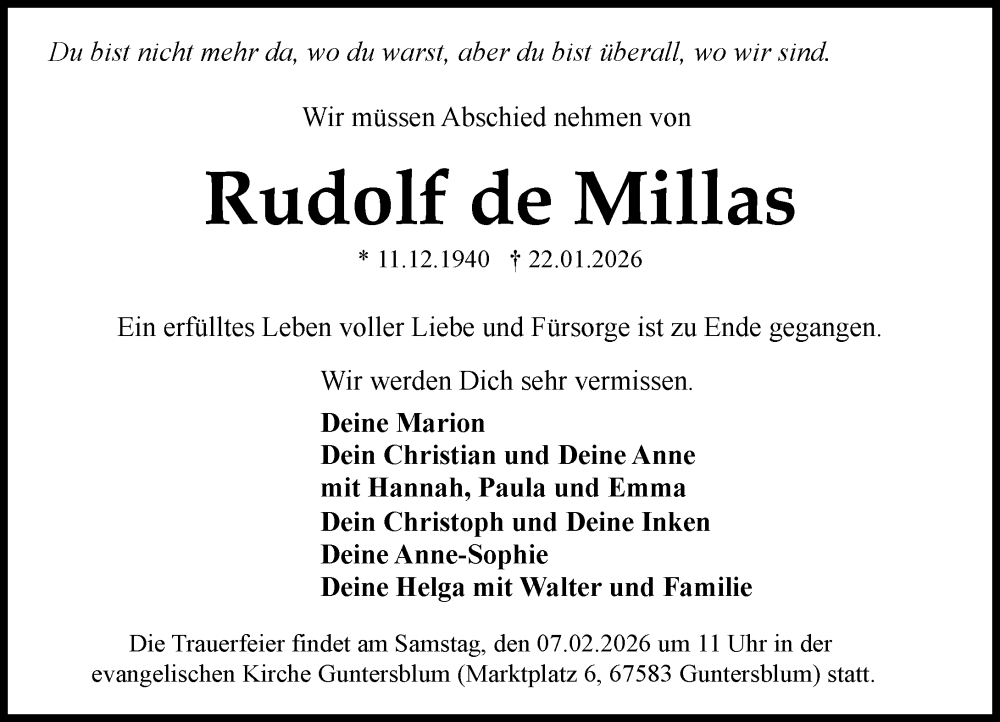  Traueranzeige für Rudolf de Millas vom 31.01.2026 aus Darmstädter Echo