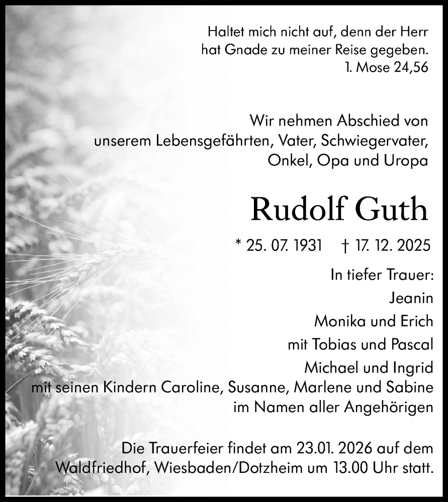  Traueranzeige für Rudolf Guth vom 03.01.2026 aus Wiesbadener Kurier
