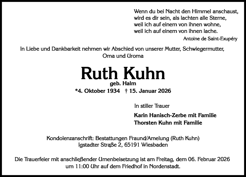  Traueranzeige für Ruth Kuhn vom 24.01.2026 aus Wiesbadener Kurier