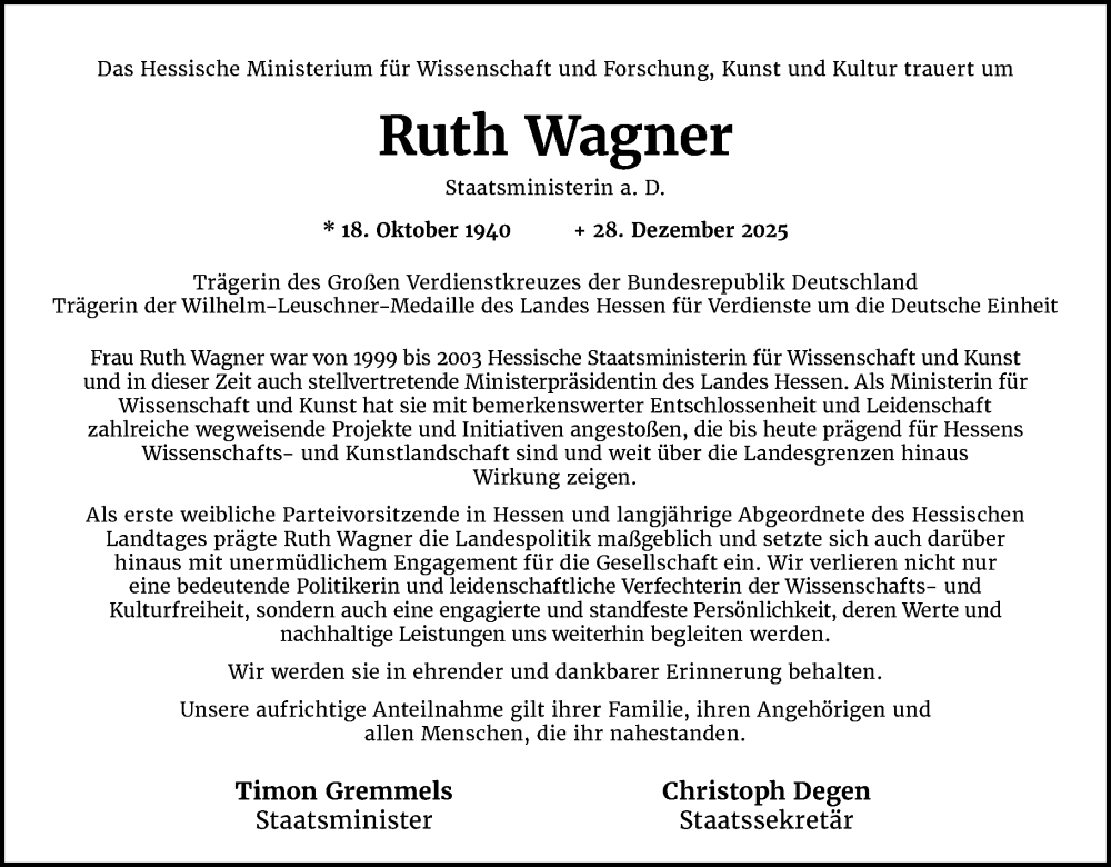  Traueranzeige für Ruth Wagner vom 10.01.2026 aus Wiesbadener Kurier