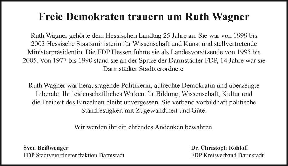  Traueranzeige für Ruth Wagner vom 10.01.2026 aus Darmstädter Echo
