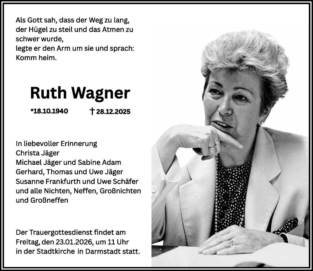 Traueranzeige für Ruth Wagner vom 10.01.2026 aus Groß-Gerauer Echo