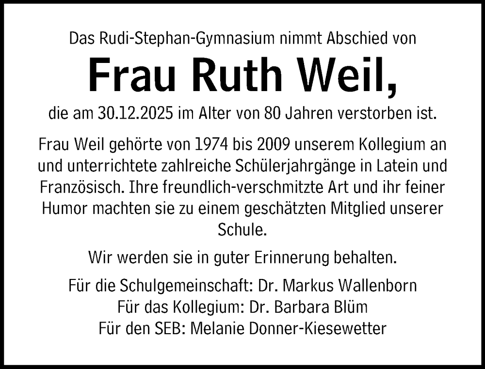  Traueranzeige für Ruth Weil vom 21.01.2026 aus Wormser Zeitung