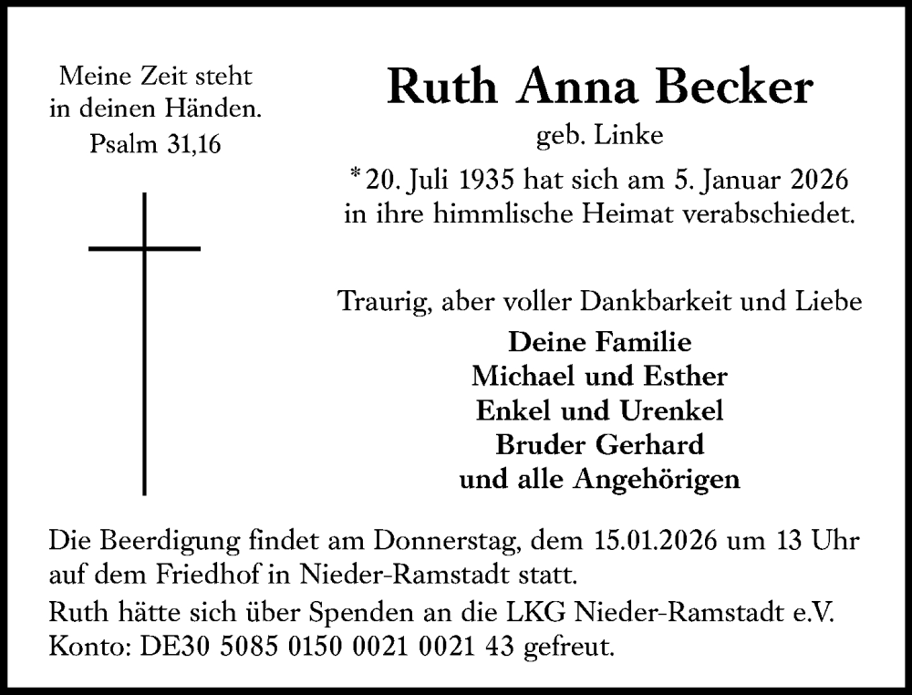  Traueranzeige für Ruth Anna Becker vom 10.01.2026 aus Darmstädter Echo