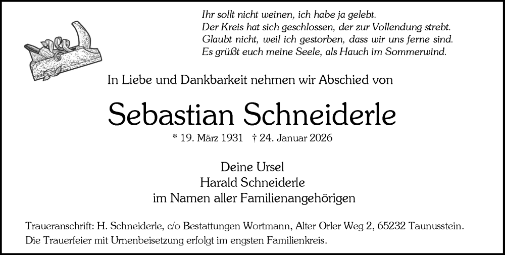  Traueranzeige für Sebastian Schneiderle vom 31.01.2026 aus Rheingau-Taunus-Kreis Wochenblatt