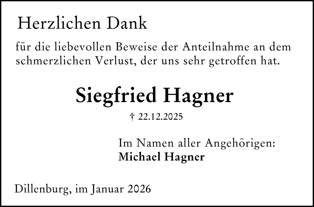  Traueranzeige für Siegfried Hagner vom 24.01.2026 aus Dill Block