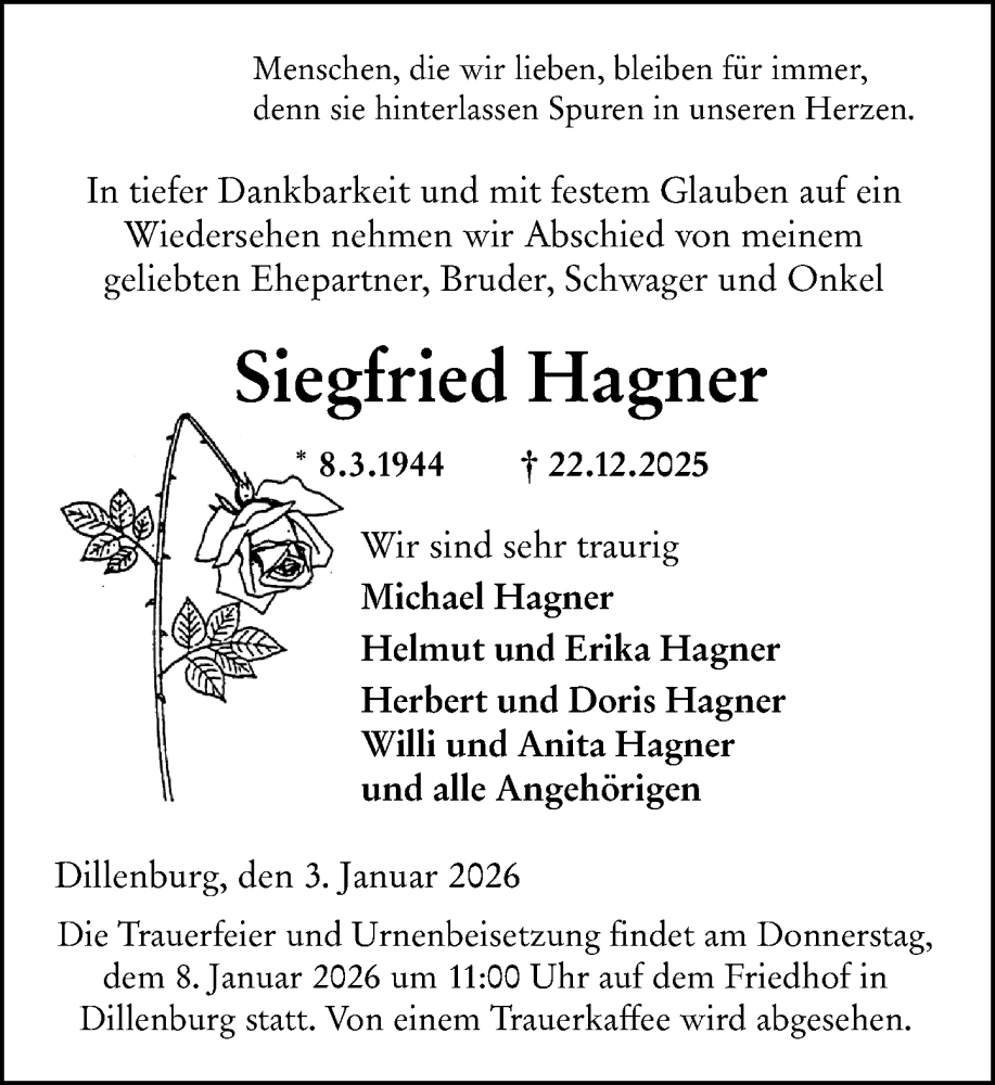  Traueranzeige für Siegfried Hagner vom 03.01.2026 aus Dill Block