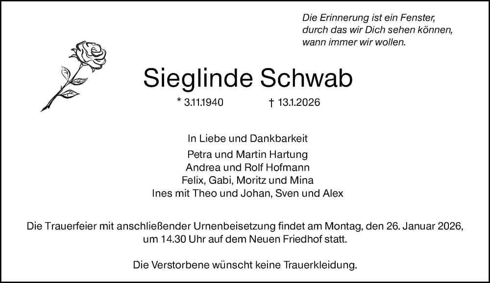  Traueranzeige für Sieglinde Schwab vom 23.01.2026 aus Hochheimer Zeitung