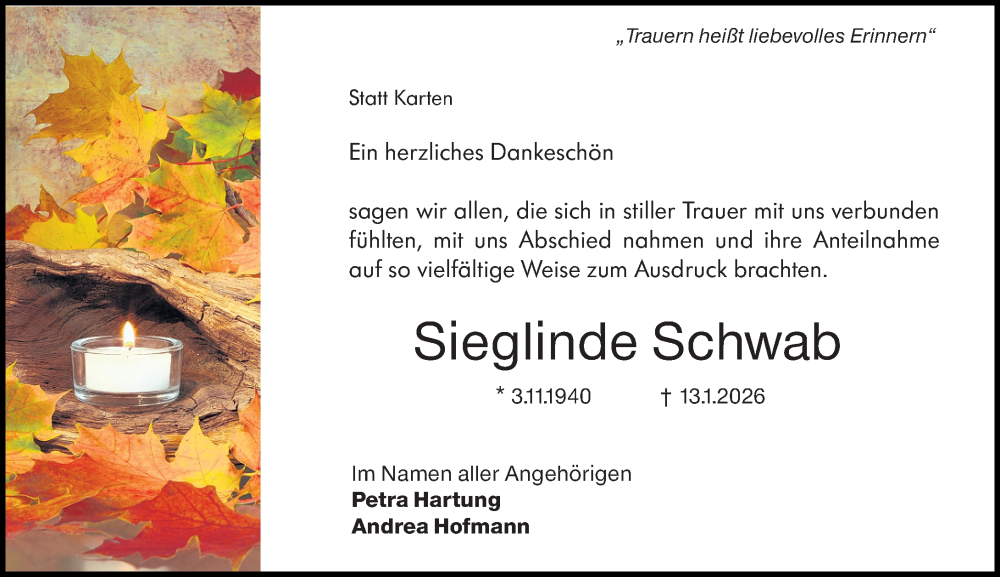  Traueranzeige für Sieglinde Schwab vom 30.01.2026 aus Hochheimer Zeitung