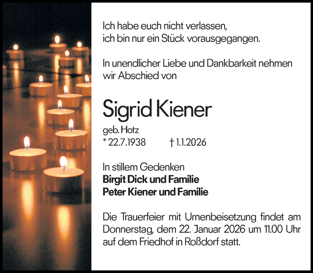  Traueranzeige für Sigrid Kiener vom 17.01.2026 aus Darmstädter Echo