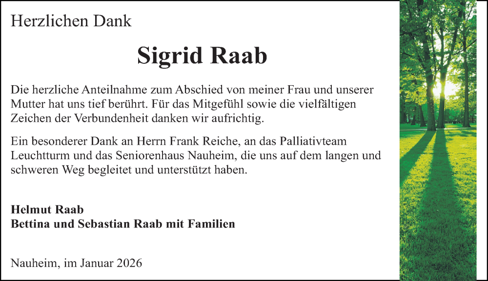  Traueranzeige für Sigrid Raab vom 24.01.2026 aus Rüsselsheimer Echo