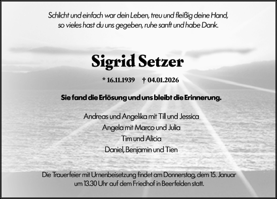 Traueranzeige von Sigrid Setzer von Odenwälder Echo