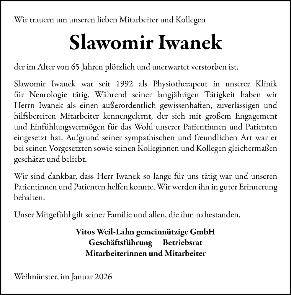  Traueranzeige für Slawomir Iwanek vom 10.01.2026 aus Weilburger Tageblatt