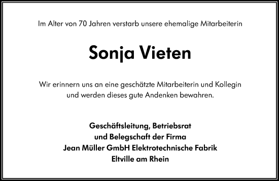 Traueranzeige von Sonja Vieten von Rheingau Kurier