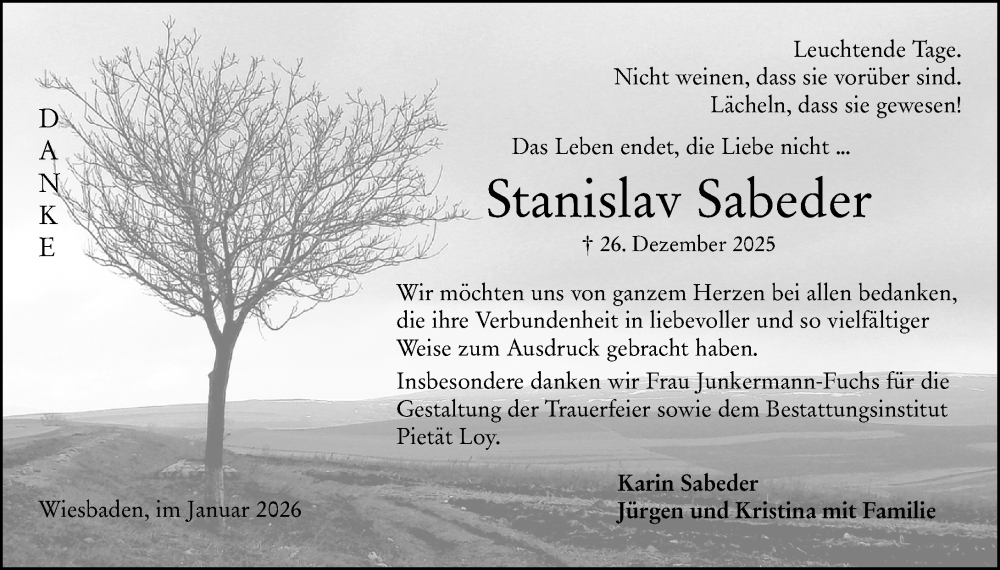  Traueranzeige für Stanislav Sabeder vom 31.01.2026 aus Wiesbadener Kurier