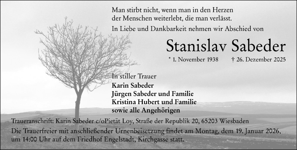  Traueranzeige für Stanislav Sabeder vom 10.01.2026 aus Wiesbadener Kurier