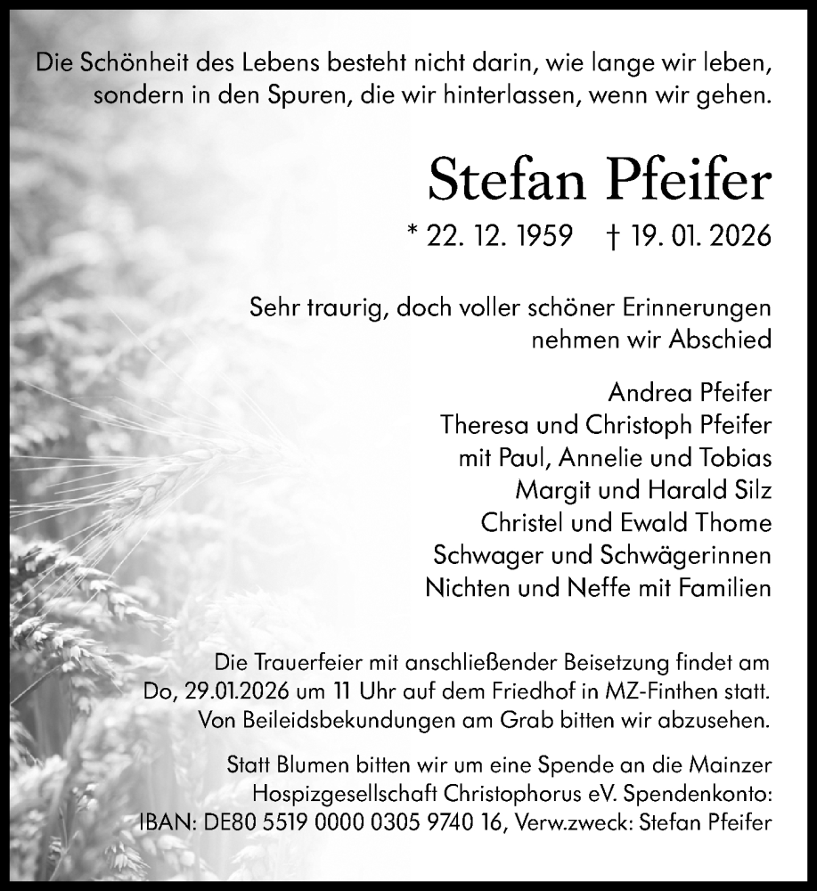  Traueranzeige für Stefan Pfeifer vom 24.01.2026 aus Allgemeine Zeitung Mainz
