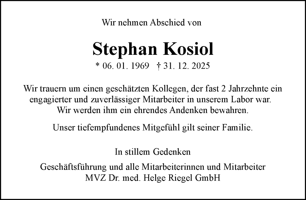  Traueranzeige für Stephan Kosiol vom 10.01.2026 aus Allgemeine Zeitung Mainz