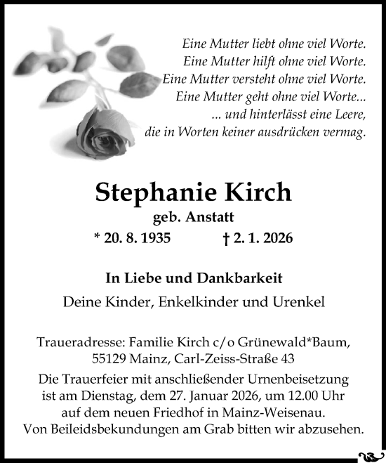 Traueranzeige von Stephanie Kirch von Allgemeine Zeitung Mainz