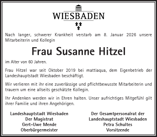 Traueranzeige von Susanne Hitzel von Wiesbadener Kurier