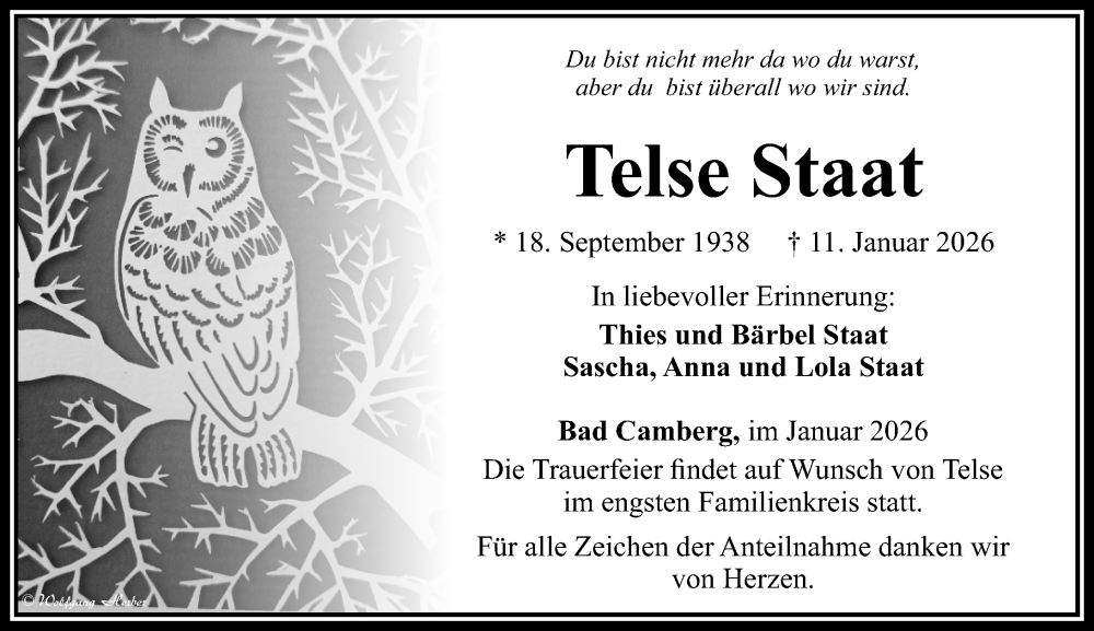  Traueranzeige für Telse Staat vom 22.01.2026 aus Camberger Anzeiger