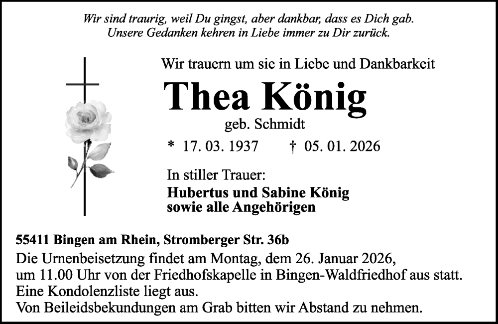  Traueranzeige für Thea König vom 24.01.2026 aus Binger-/Ingelheimer Wochenblatt