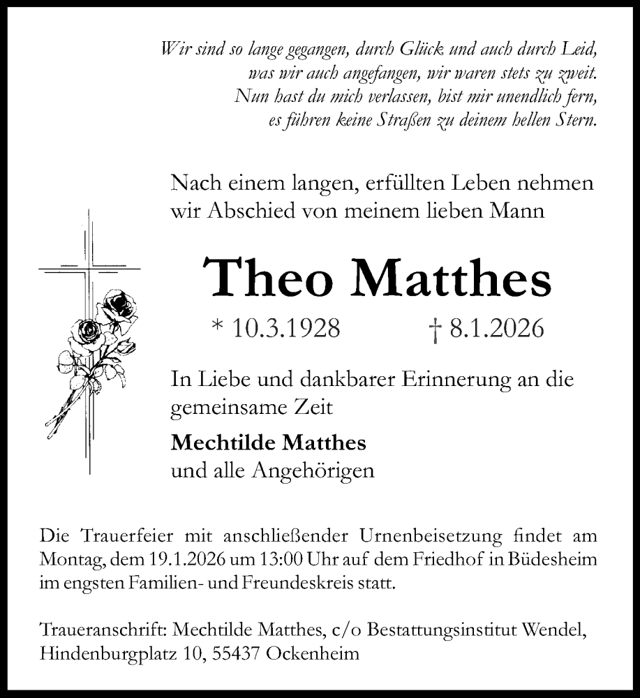  Traueranzeige für Theo Matthes vom 17.01.2026 aus Allgemeine Zeitung Rheinhessen-Nahe