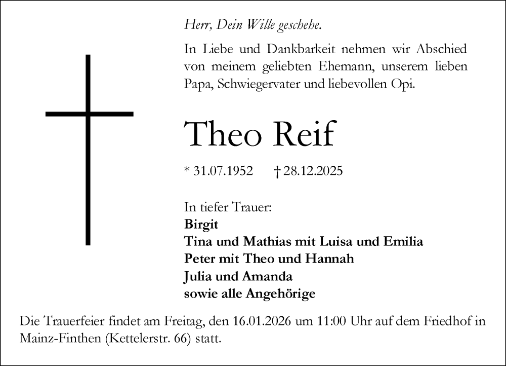  Traueranzeige für Theo Reif vom 10.01.2026 aus Allgemeine Zeitung Mainz