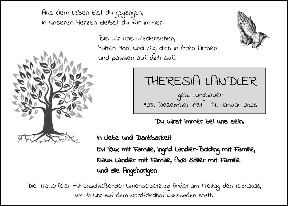  Traueranzeige für Theresia Landler vom 10.01.2026 aus Wiesbadener Kurier