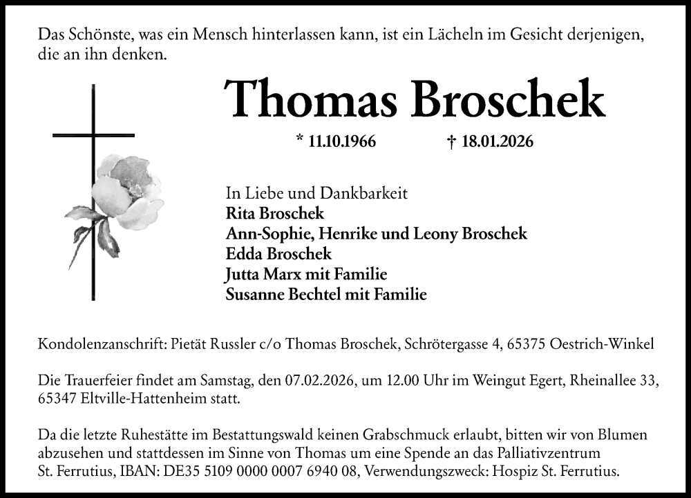  Traueranzeige für Thomas Broschek vom 31.01.2026 aus Wiesbadener Kurier