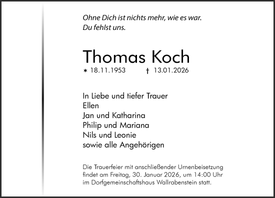 Traueranzeige von Thomas Koch von Wiesbadener Kurier