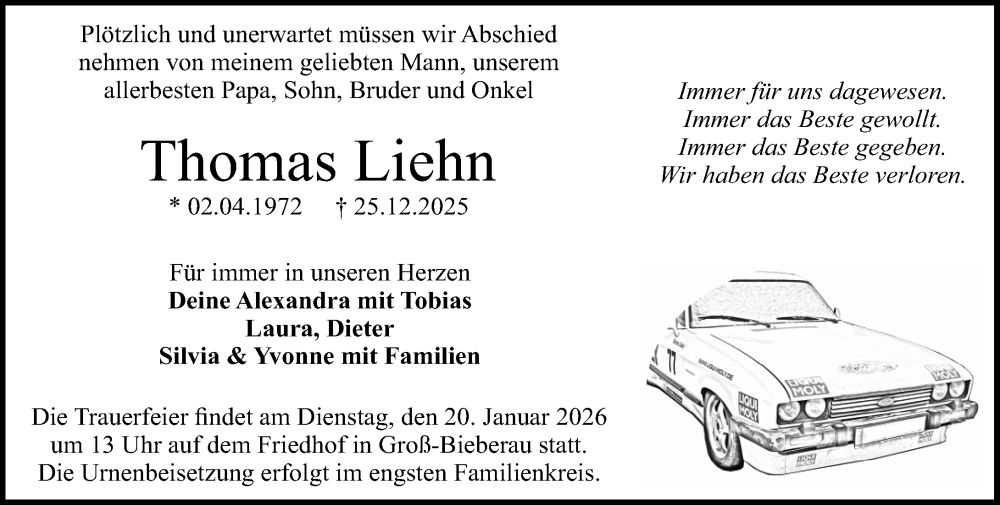  Traueranzeige für Thomas Liehn vom 17.01.2026 aus Darmstädter Echo