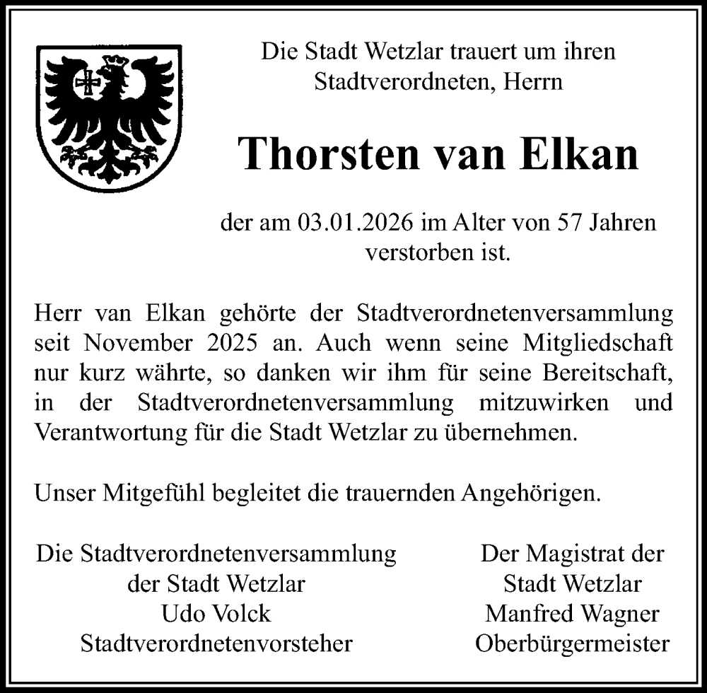  Traueranzeige für Thorsten van Elkan vom 31.01.2026 aus Wetzlarer Neue Zeitung