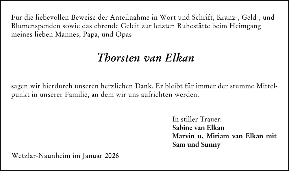 Traueranzeige für Thorsten van Elkan vom 24.01.2026 aus Wetzlarer Neue Zeitung
