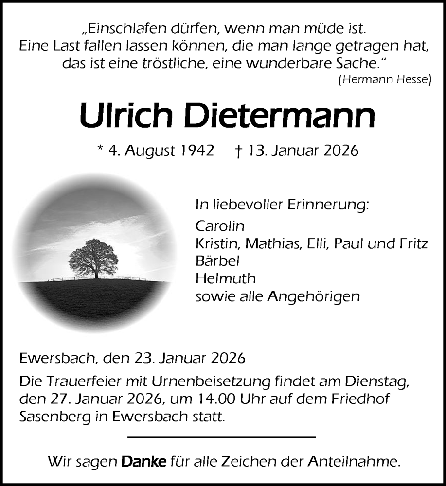  Traueranzeige für Ulrich Dietermann vom 23.01.2026 aus Dill Block