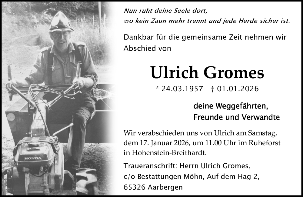  Traueranzeige für Ulrich Gromes vom 10.01.2026 aus Wiesbadener Kurier