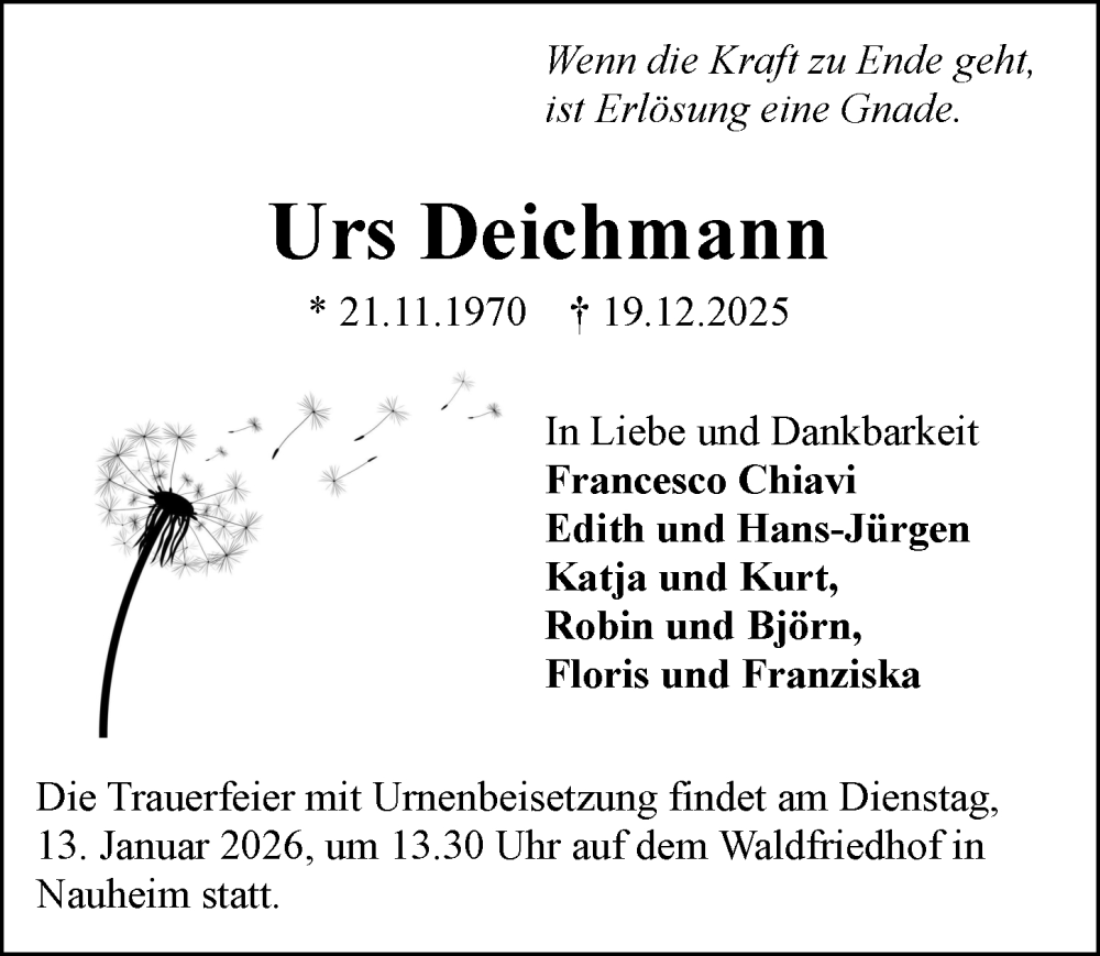  Traueranzeige für Urs Deichmann vom 03.01.2026 aus Rüsselsheimer Echo
