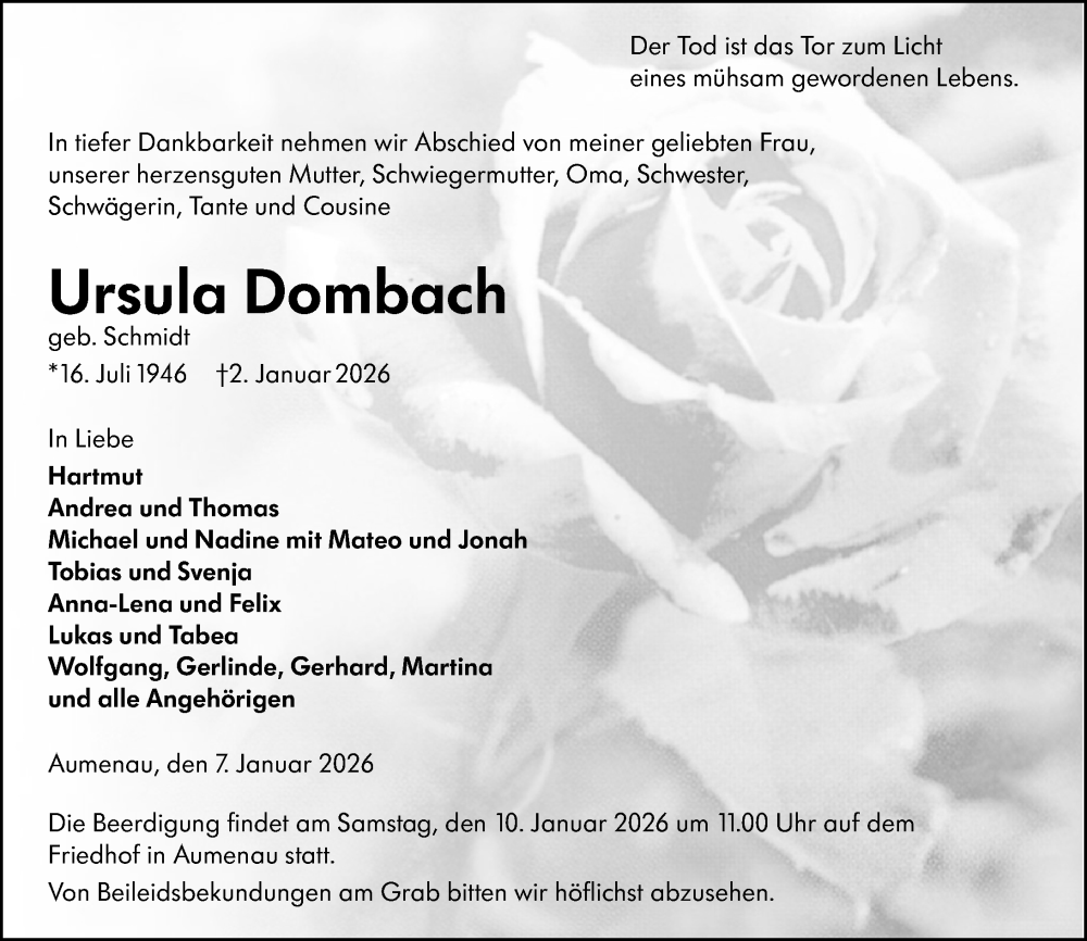  Traueranzeige für Ursula Dombach vom 07.01.2026 aus Weilburger Tageblatt