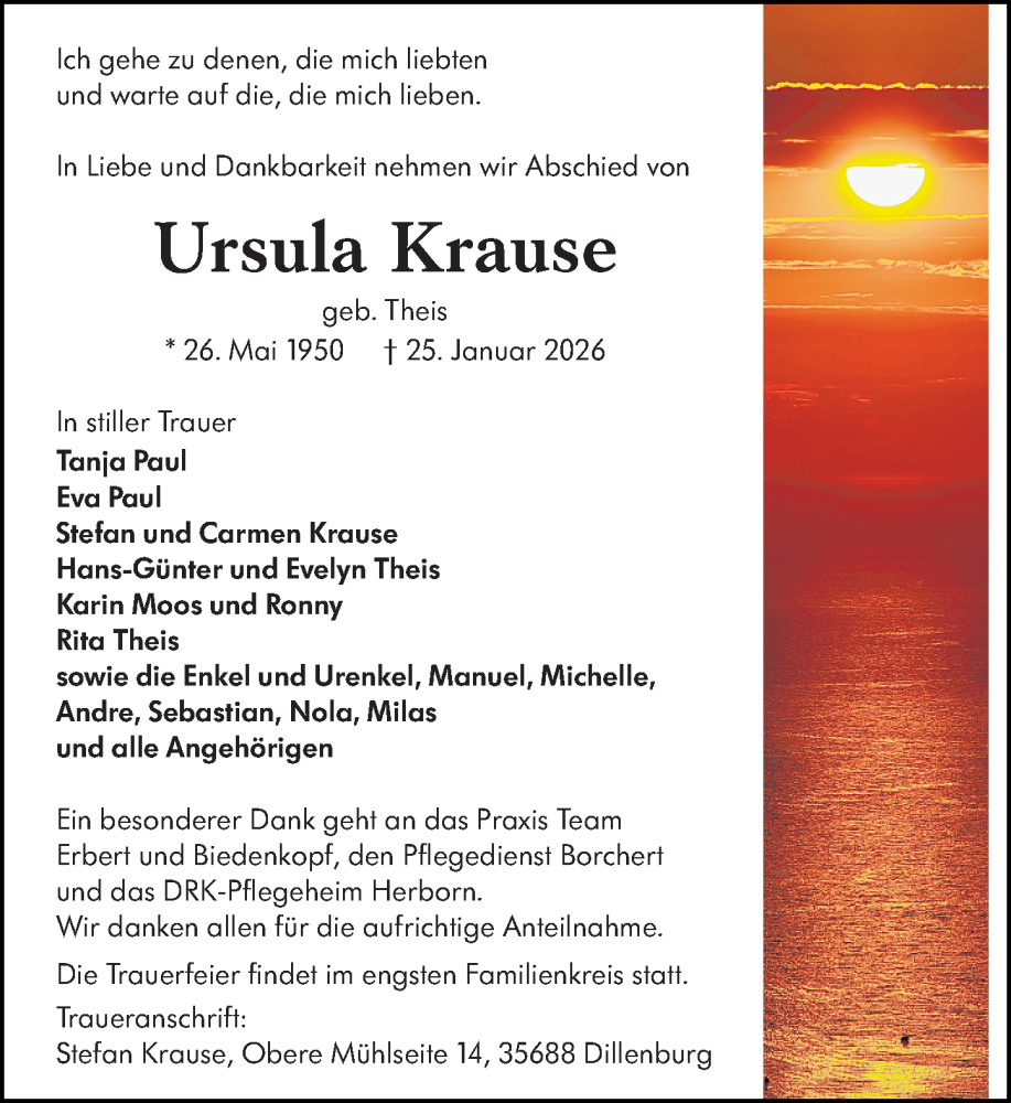  Traueranzeige für Ursula Krause vom 31.01.2026 aus Dill Block