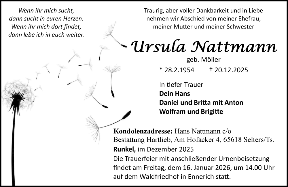  Traueranzeige für Ursula Nattmann vom 10.01.2026 aus Nassauische Neue Presse