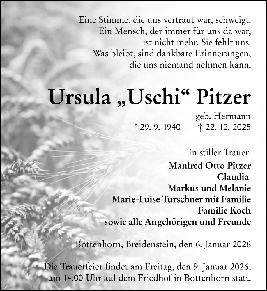  Traueranzeige für Ursula Pitzer vom 06.01.2026 aus Hinterländer Anzeiger