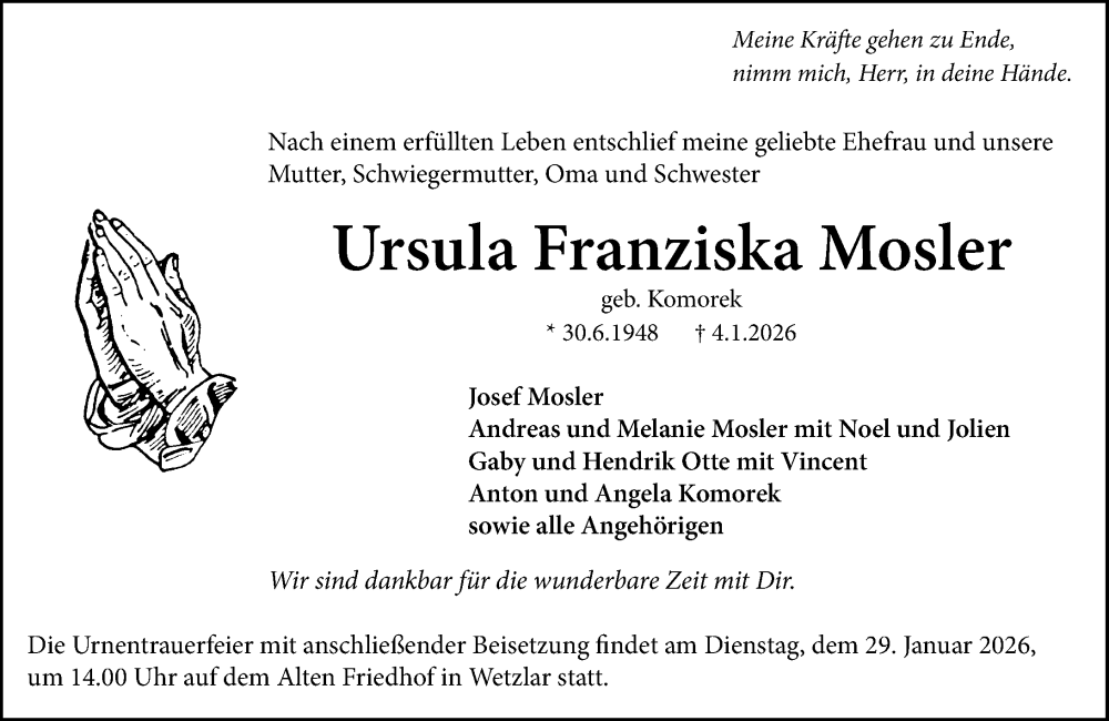  Traueranzeige für Ursula Franziska Mosler vom 17.01.2026 aus Wetzlarer Neue Zeitung