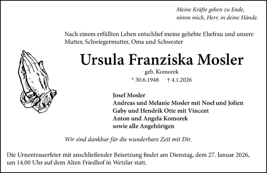 Traueranzeige von Ursula Franziska Mosler von Wetzlarer Neue Zeitung